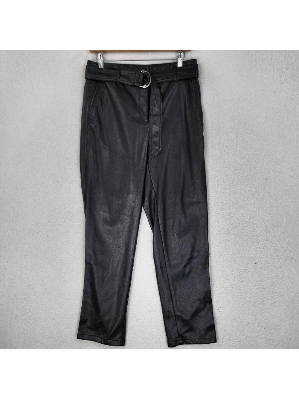 LOFT Pants Womens 4 Black Faux Leather High Rise Belted Tapered Ankle Pockets
